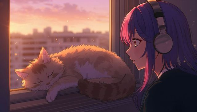Peaceful Evening with Girl and Cat at the City Window