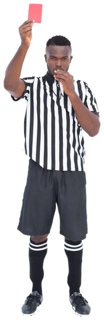 Transparent referee holding red card and whistle while officiating soccer match - Download Free Stock Videos Pikwizard.com