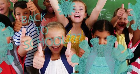 Joyful School Children Celebrating Return with Safety Measures - Download Free Stock Images Pikwizard.com