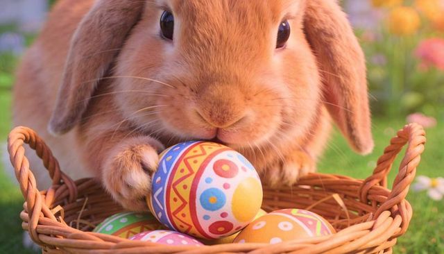 Peering lop-eared rabbit with colorful painted easter eggs in wicker basket