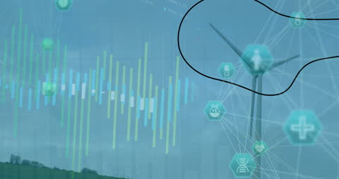 Data Processing Animation with Wind Turbine and Network Icons
