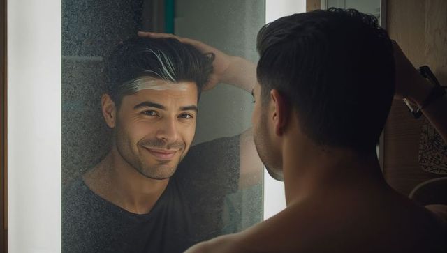 Man styling hair at lighted bathroom mirror smiling while grooming modern morning routine