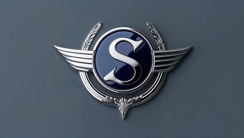 Elegant silver emblem with wings and laurel wreath on blue