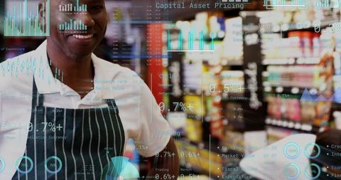 Smiling Store Clerk in Striped Apron with Digital Analytics Overlay in Supermarket Aisle