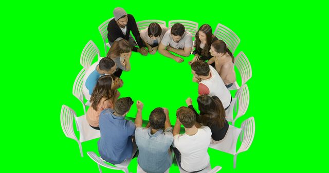 Group of Diverse People Sitting in a Circle Discussing on Green Background - Download Free Stock Images Pikwizard.com