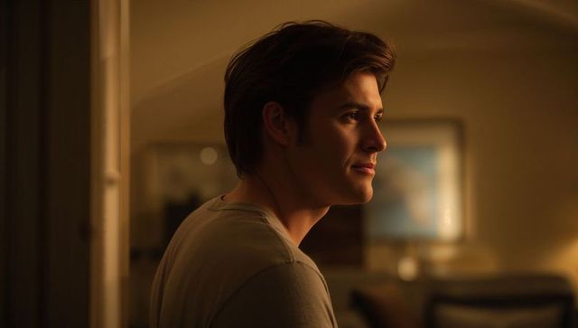 Young man gazing in warm lounge light, contemplative profile portrait with soft bokeh