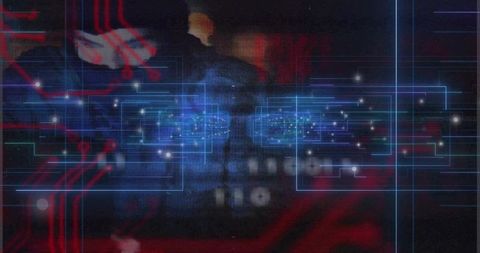 Masked figure merging with glowing blue hud grid, linked nodes, neon circuitry cyberpunk noir