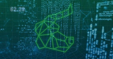 Holographic Low-Poly Wireframe Emitting Neon Code Streams on 3D Grid Futuristic Cyberspace