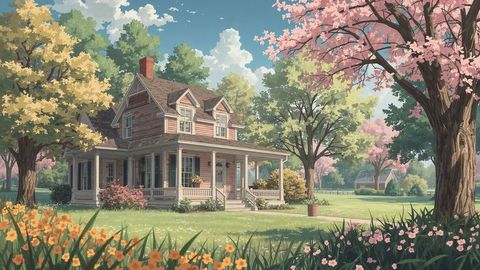 Charming Rustic Wooden House in Blooming Garden Landscape