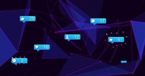 Floating social media notification badges over neon polygonal network with glowing mesh