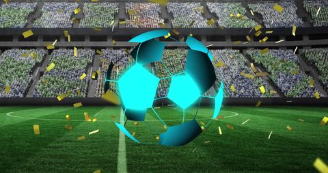 Neon Soccer Ball in Stadium Under Confetti Celebration
