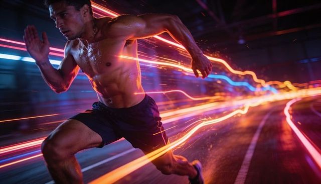 Sprinter charging through neon-lit tunnel with dynamic light streaks on wet track