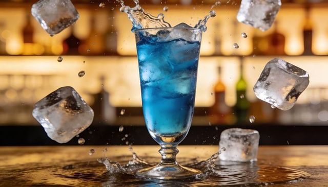 Blue cocktail splash with ice cubes in tall stemmed glass on wet bar counter