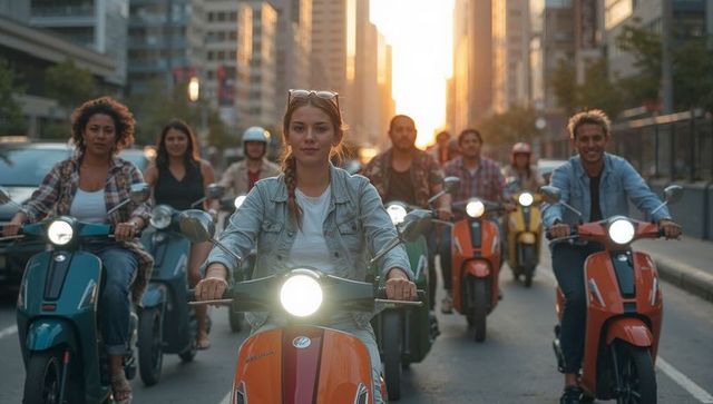 Young Woman Leading Colorful Scooter Group Riding Through Downtown Avenue at Sunset