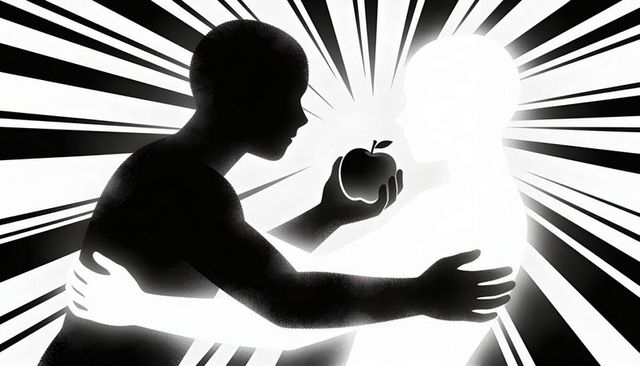 Embracing dual silhouettes exchanging apple amid radial rays monochrome contrast