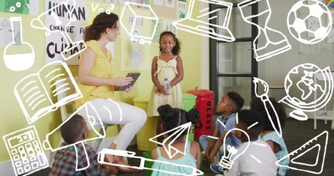 Confident girl presenting eco-friendly ideas to classmates with teacher