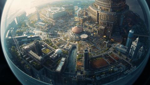 Futuristic radial metropolis under transparent dome featuring central domed capitol
