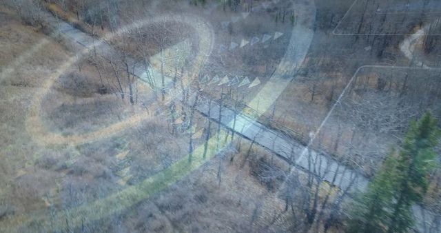 Aerial view with advanced navigation overlay in forest setting