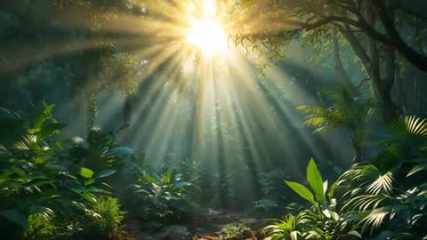 Sunlight streaming through rainforest canopy at dawn, misty rays illuminating forest trail