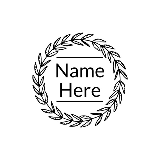 Illustration of a wreath surrounding 'Name Here' text with lines. Suitable for creating customizable logos, invitations, or certificates. Ideal for branding, DIY projects, or social media posts.