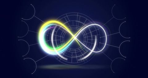 Neon Infinity Loop Hovering Over Futuristic HUD Grid with Glowing Connectors, Nodes