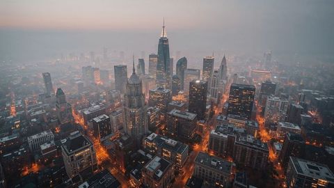 Distant charlotte city skyline with radiant avenues at dusk