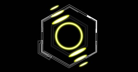 Glowing yellow circles on hexagonal geometric forms