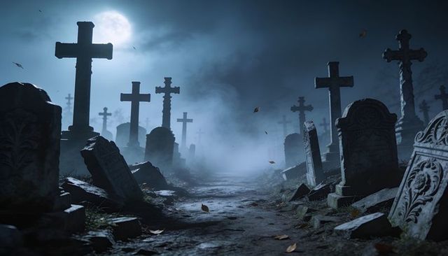 Moonlit cemetery path winding through thick fog with cross monuments and eerie moonlight