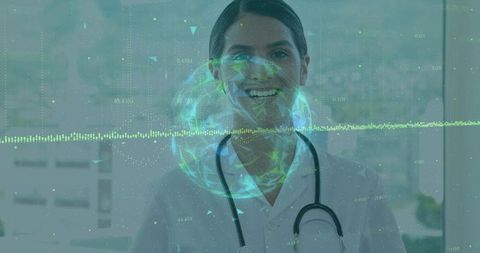 Futuristic Medical Innovation with Female Doctor and Technology Overlay