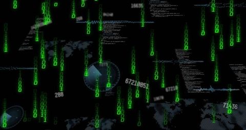 Streaming Green Binary Rain over Cyber Dashboard with World Map, Radar and Code Overlays