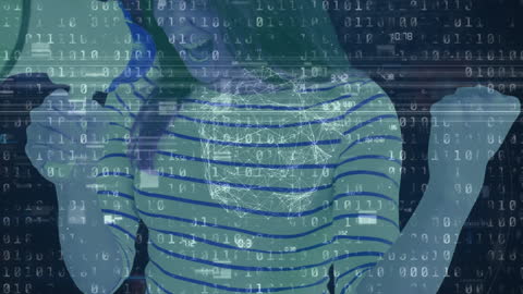 Woman Celebrating Amidst Digital Binary Code Overlay