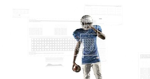 Football player wearing blue jersey with augmented reality hud analytics overlay