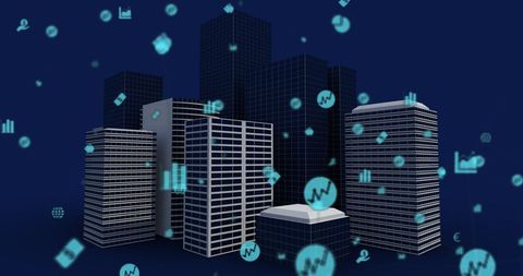 Digital Financial Icons Floating Over Virtual Cityscape