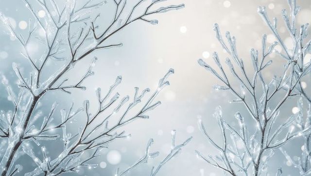 Glistening icy tree branches with clear ice and icicles, minimal winter bokeh background