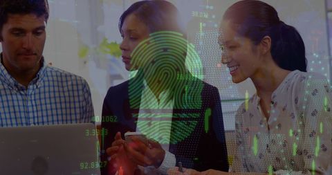 Diverse team analyzing financial data with technology integration