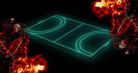 Futuristic Neon Sports Court with Digital Fiery Effect