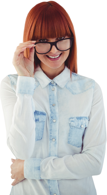 Transparent Hipster Woman with Glasses Smiling in Denim Shirt Against White Background - Download Free Stock Videos Pikwizard.com