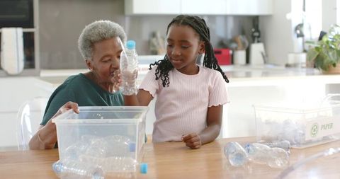 African American Grandmother and Granddaughter Sorting Plastic Bottles for Home Recycling