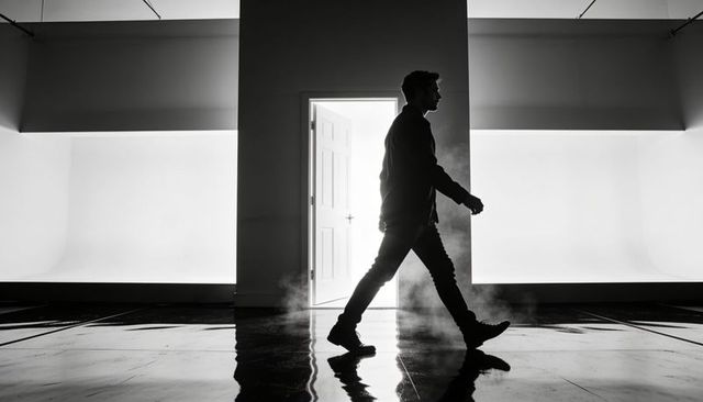 Silhouette walking through open door in backlit minimalist interior with reflective floor