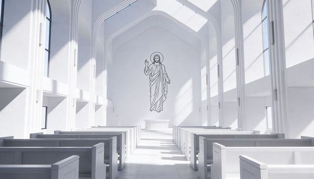 Minimalist white church interior with sunlit central aisle and line art christ mural
