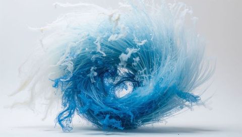 Turbulent Blue Fiber Vortex Forming Toroidal Swirl with Wispy Plumes and Hollow Core