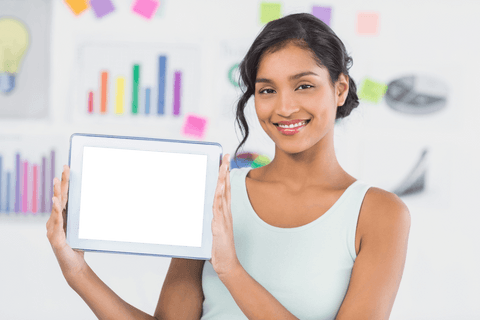 Smiling Woman Presenting Tablet with Transparent Screen in Modern Office - Download Free Stock Videos Pikwizard.com