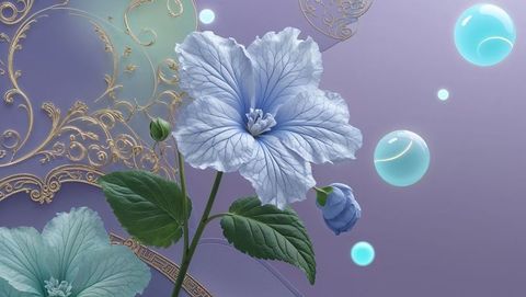 Elegant fantasy forget me not flower with gold filigree and bubbles