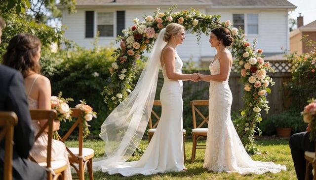 Two brides holding hands exchanging vows under floral arch at intimate backyard wedding