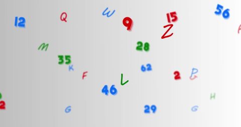Floating alphabet and number mix over grey background
