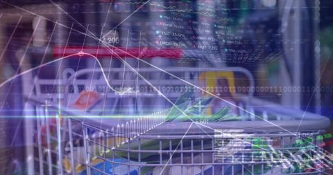 Grocery cart holding fresh produce with retail data overlay and stock market charts