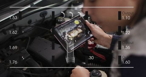 Woman Technician Holding Tablet Diagnosing Car Engine with Digital HUD and Battery Close-Up