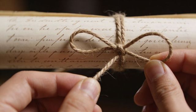Tying vintage parchment scroll rustic twine bow closeup hands holding script ink