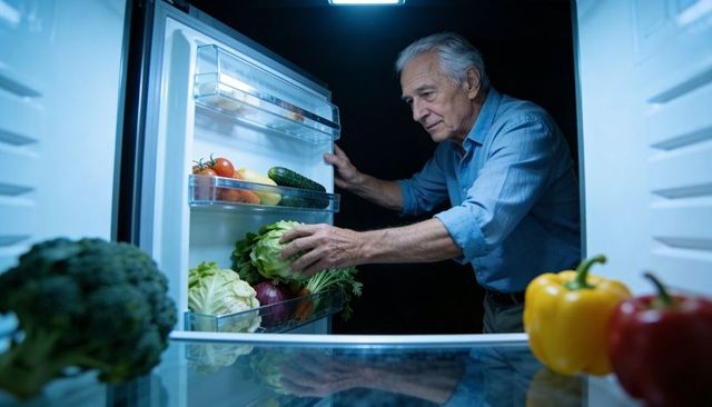 Senior man reaching for lettuce in refrigerator at night, stocking vegetables for healthy living
