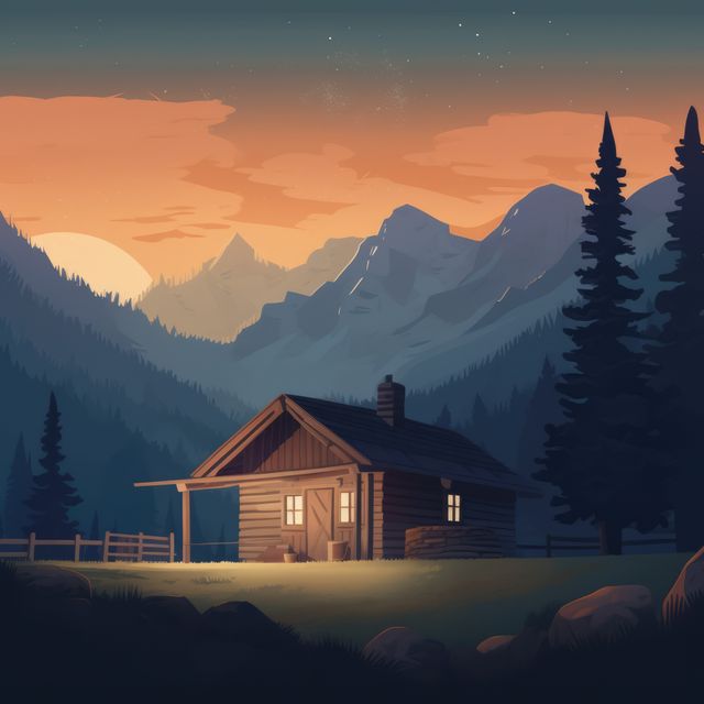 This image features a charming mountain cabin at sunset, nestled amidst towering pine trees and backdropped by majestic snowcapped peaks. The tranquil scene exudes serenity and natural beauty, making it ideal for promoting tourism, outdoor adventures, and rustic accommodations. Perfect for use in marketing materials, travel blogs, and nature-themed publications.